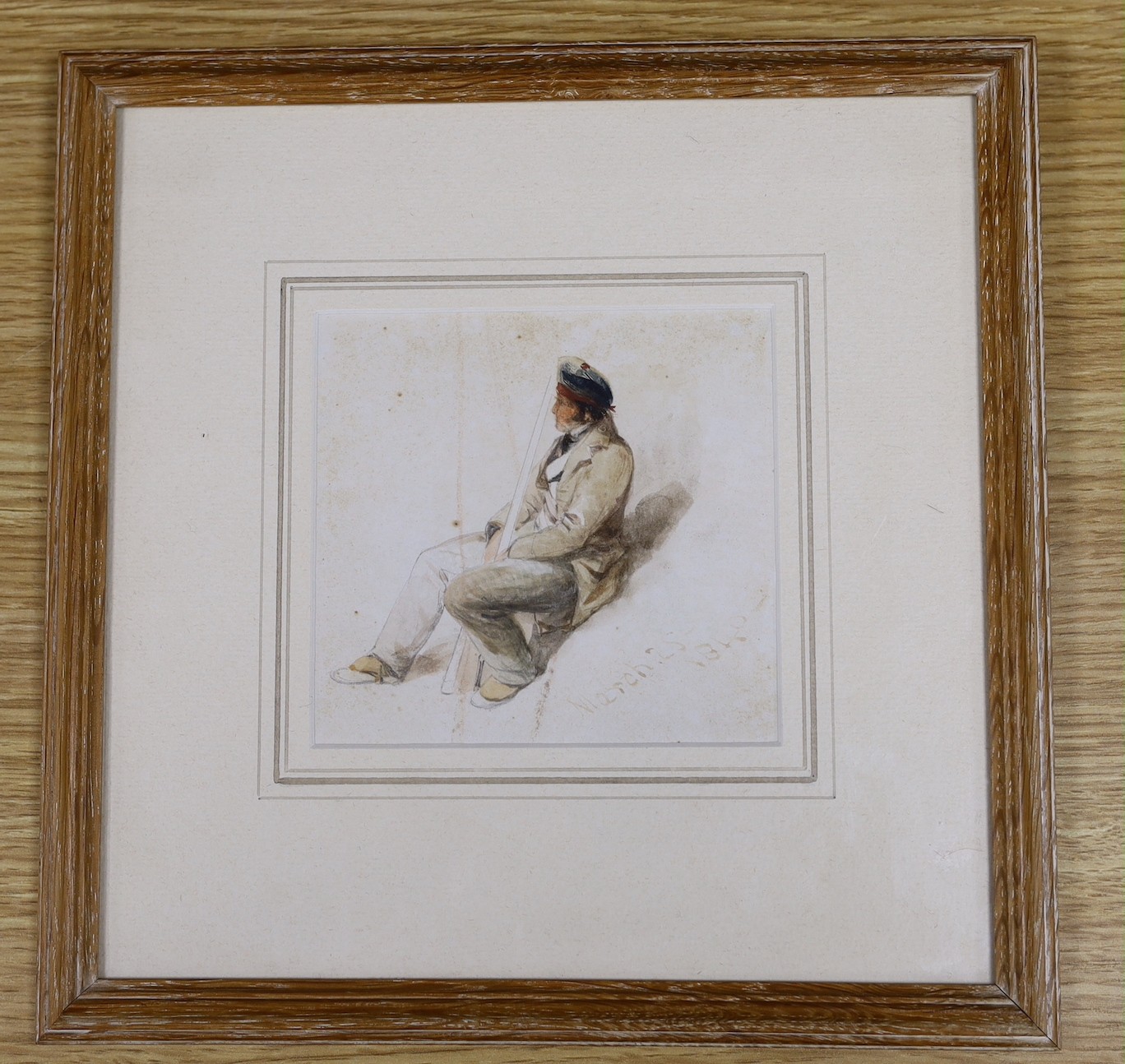 Thomas Miles Richardson Jnr, Seated Scotsman with a gun, watercolour, inscribed 'March 25.1840', 12 x 12.5cm
